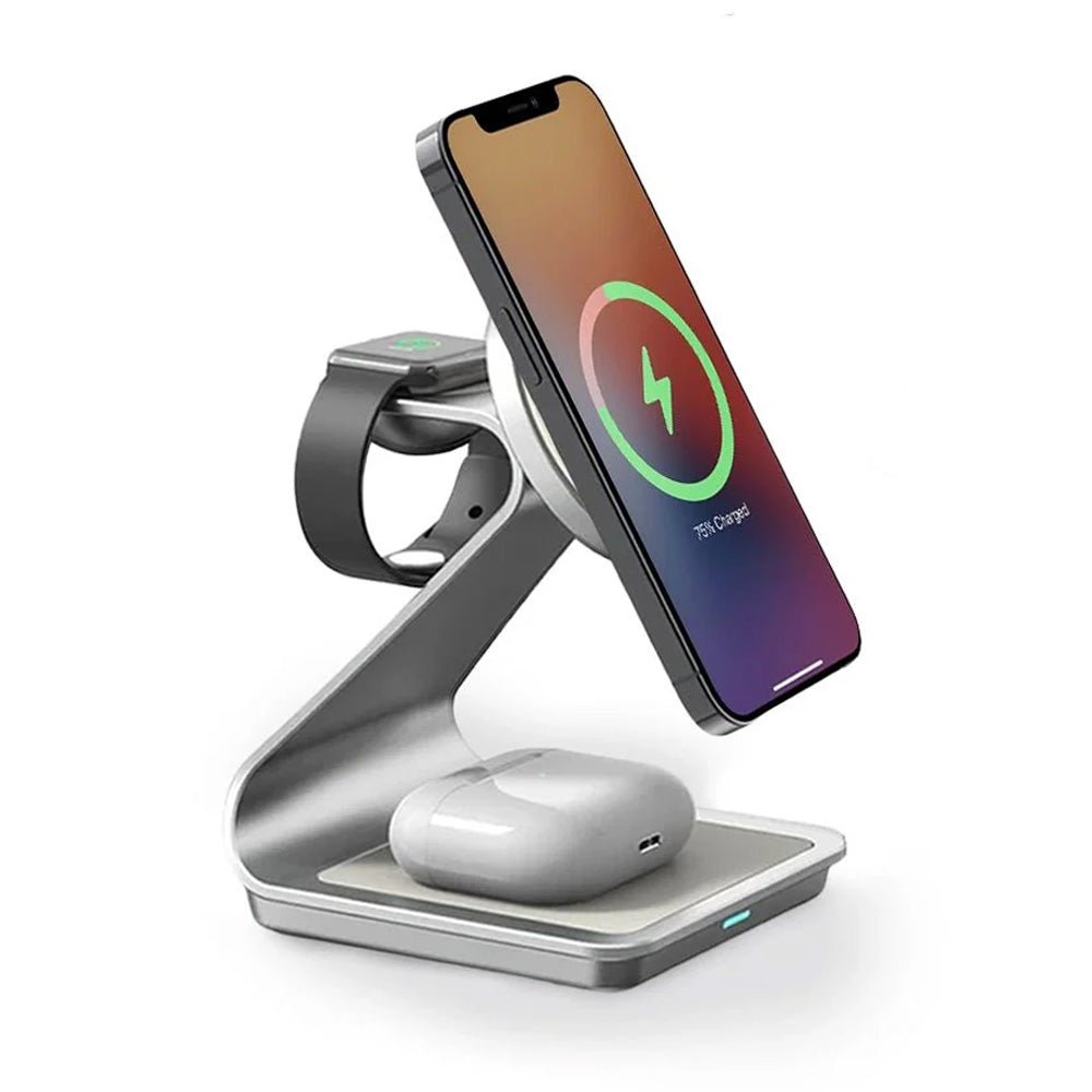 Moderno 3-in-1 aluminum alloy MagSafe charging stand holding an iPhone, Apple Watch, and AirPods case