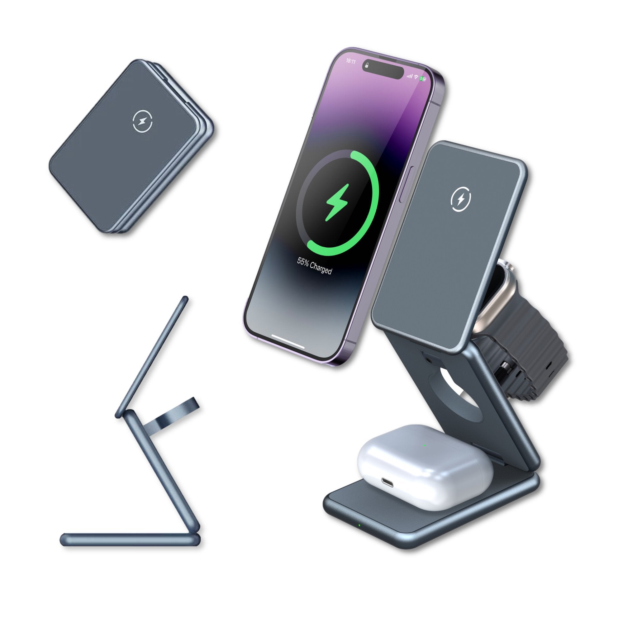 ZFG Link 3-in-1 Foldable Wireless Charging Station – Fast Charger Stand For IPhone, Apple Watch, AirPods